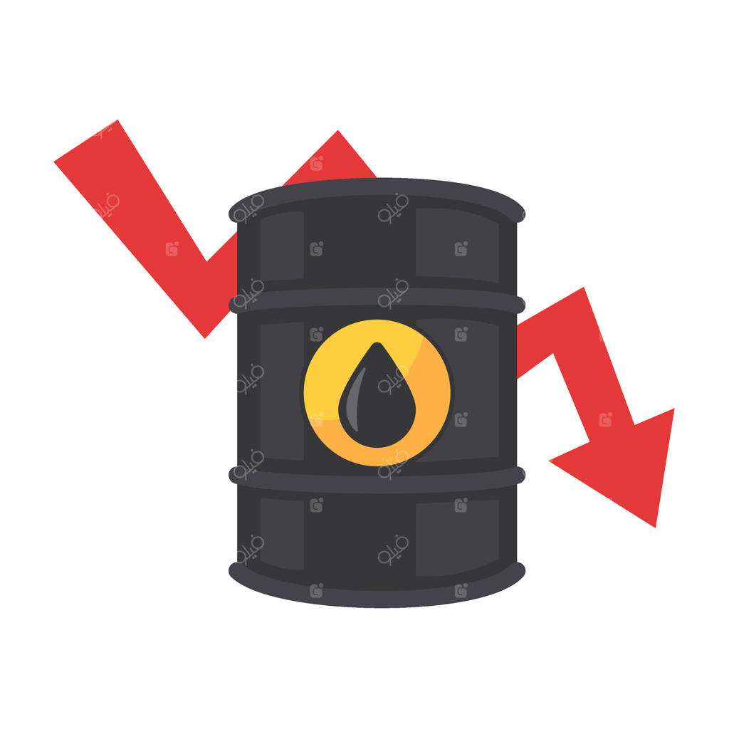 بشکه نفت با پیکان قرمز رو به پایین نماد کاهش قیمت نفت یا رکود اقتصادی در پس‌زمینه سفید