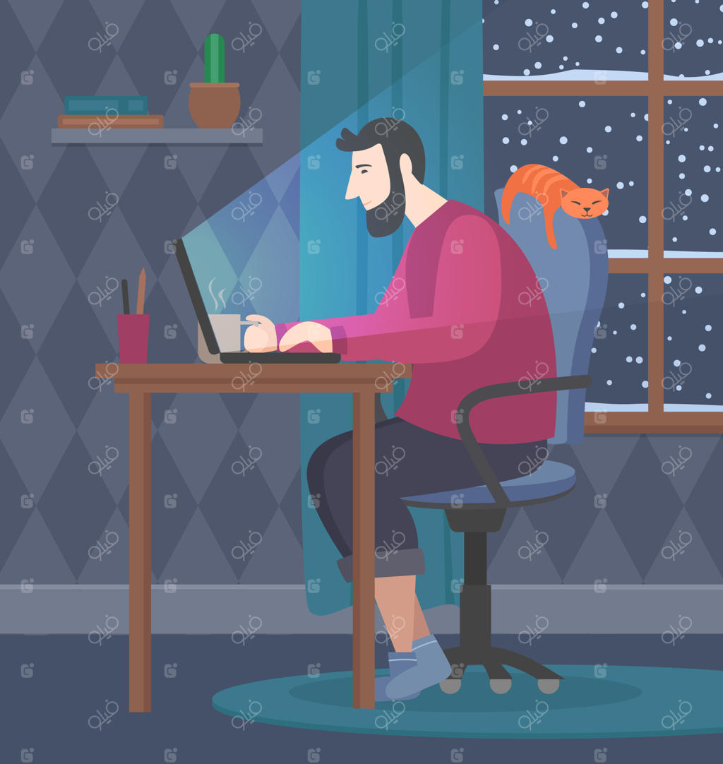 مردی مشغول کار با لپ‌تاپ در اتاق خانه - تصویر برداری وکتور