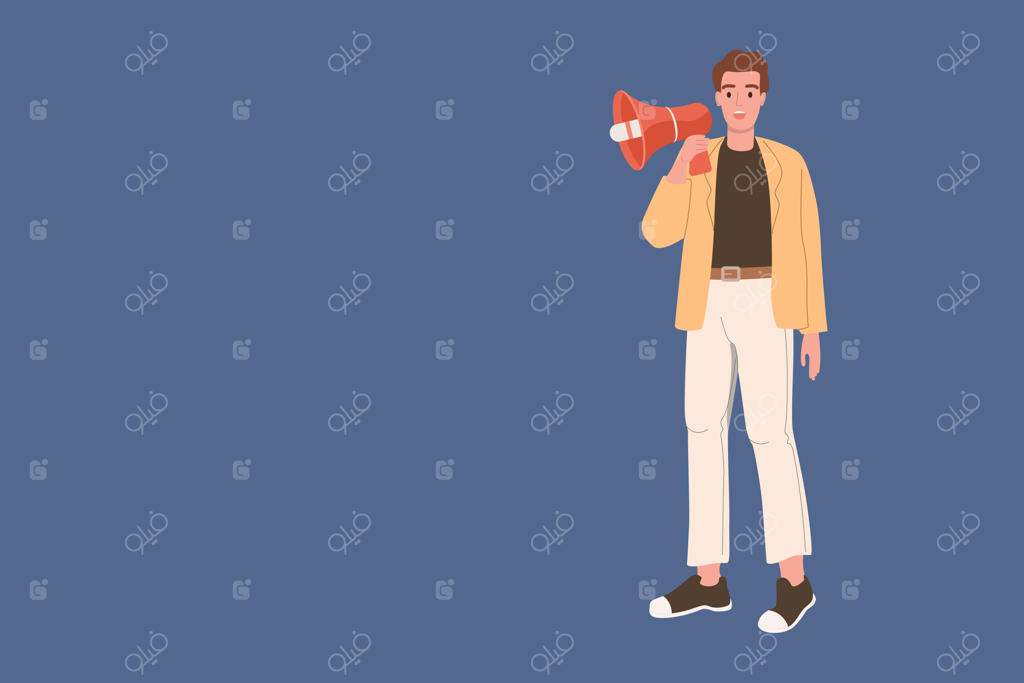 بازاریابی دیجیتال: مردی با بلندگو در زمینه‌ای آبی صحبت می‌کند