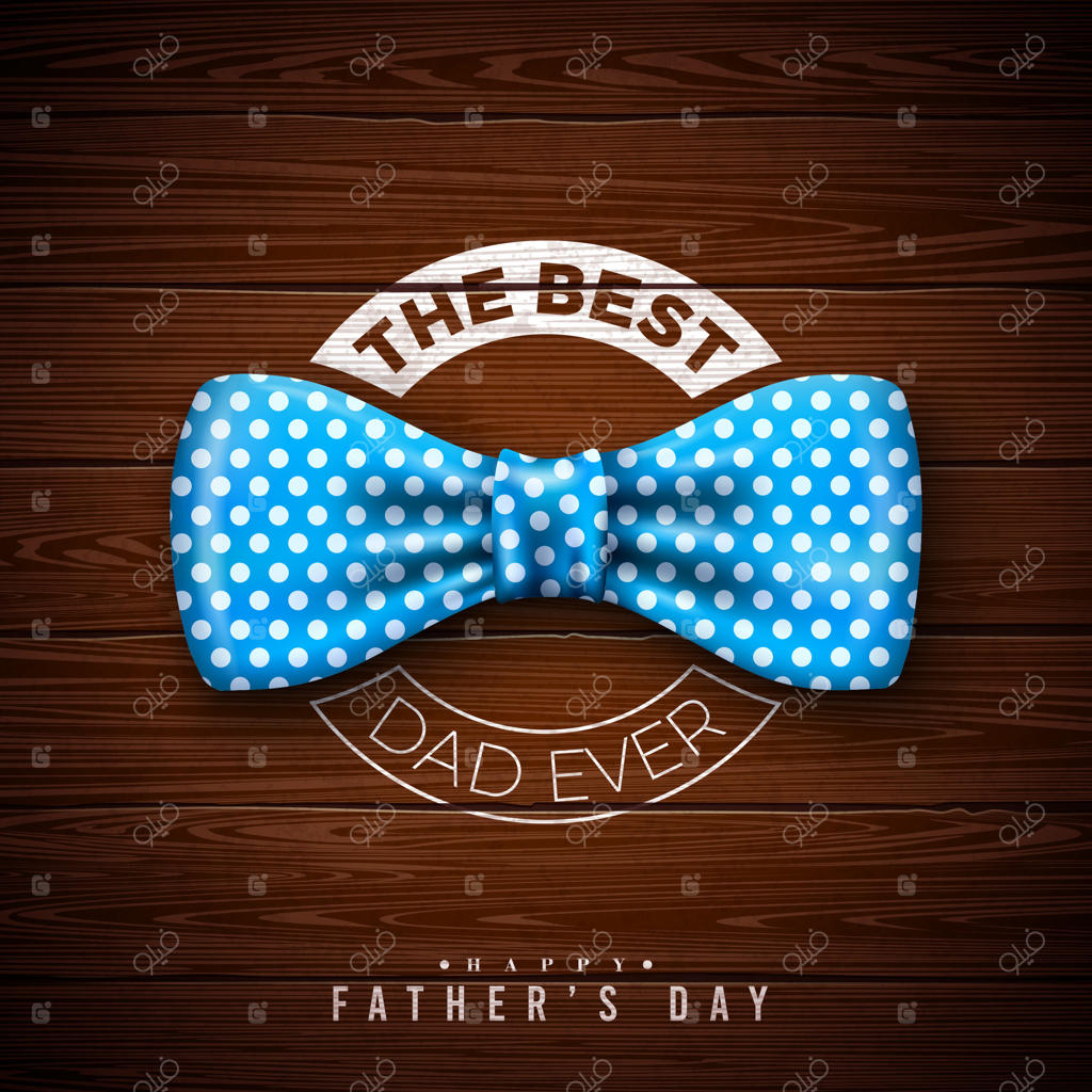 طراحی کارت تبریک روز پدر با قلب آبی، پاپیون خال‌خالی آبی و تایپوگرافی زیبا روی زمینه چوبی قدیمی. تصویرسازی برای جشن و قدردانی از بهترین پدر. قالب برای