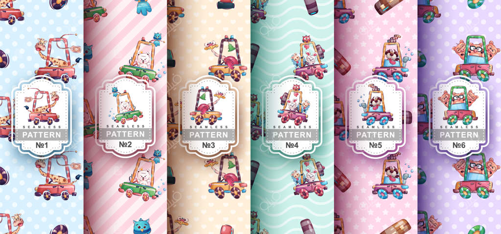 پترن یکپارچه حیوانات کارتونی کودکانه در ماشین - وکتور EPS 10
