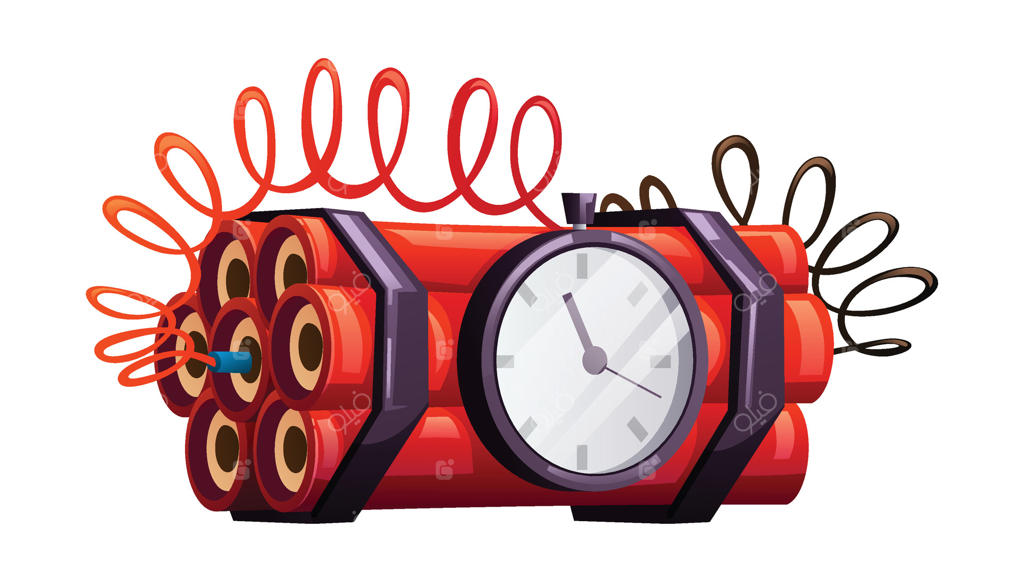 بسته‌ای از دینامیت با ساعت در حال تیک‌تاک، نماد بمب زمان. تصویر کارتونی