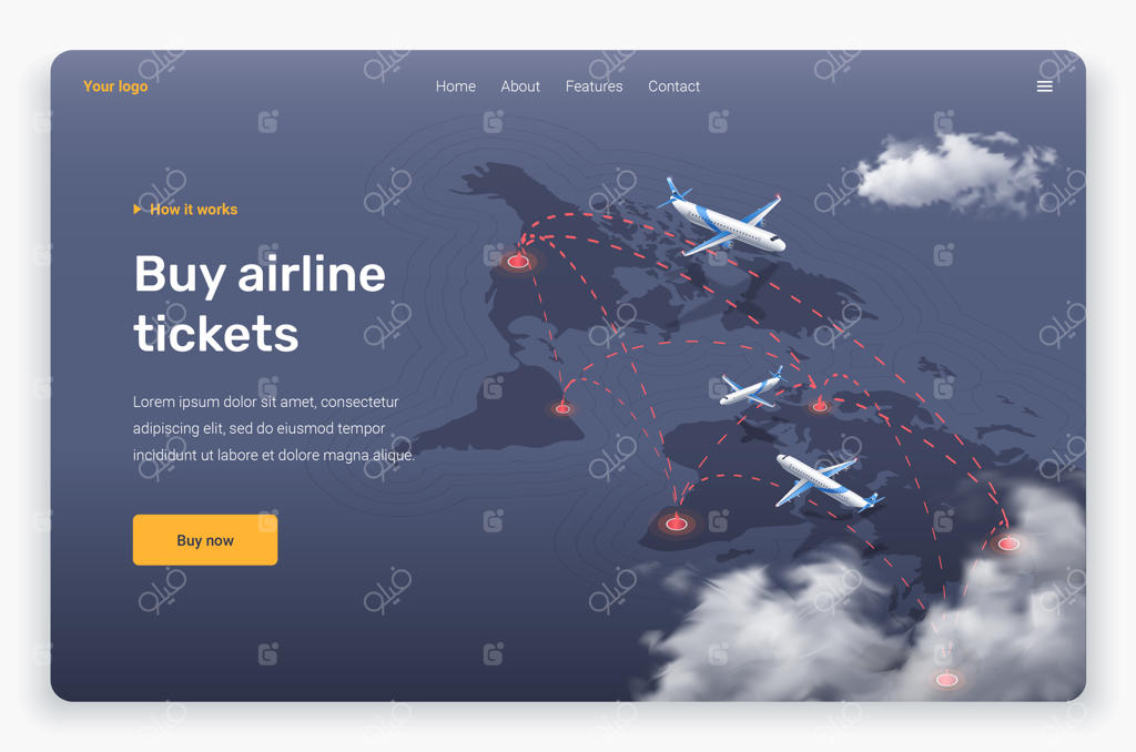 هواپیمای ایزومتریک در حال پرواز و ابرها بر فراز قاره‌ها: قالب صفحه فرود