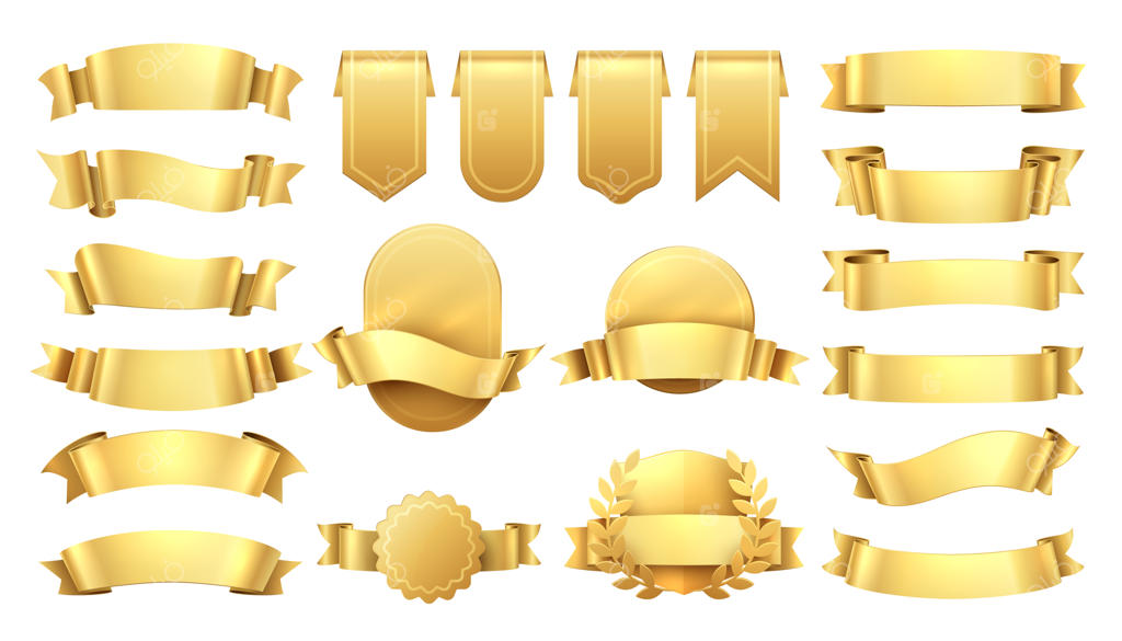 روبان‌های طلایی، برچسب‌های قدیمی براق، عناصر نوار موجی، تزئینات وینتیج تبلیغاتی، حراج قیمت زرد.