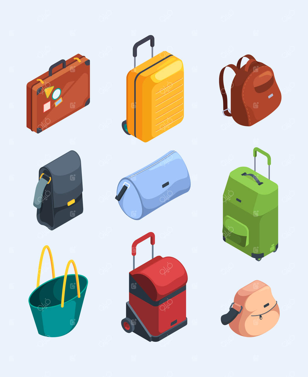 تصاویری از چمدان‌های ایزومتریک برای سفرهای ماجراجویانه: تصاویر وکتور پر زرق و برق