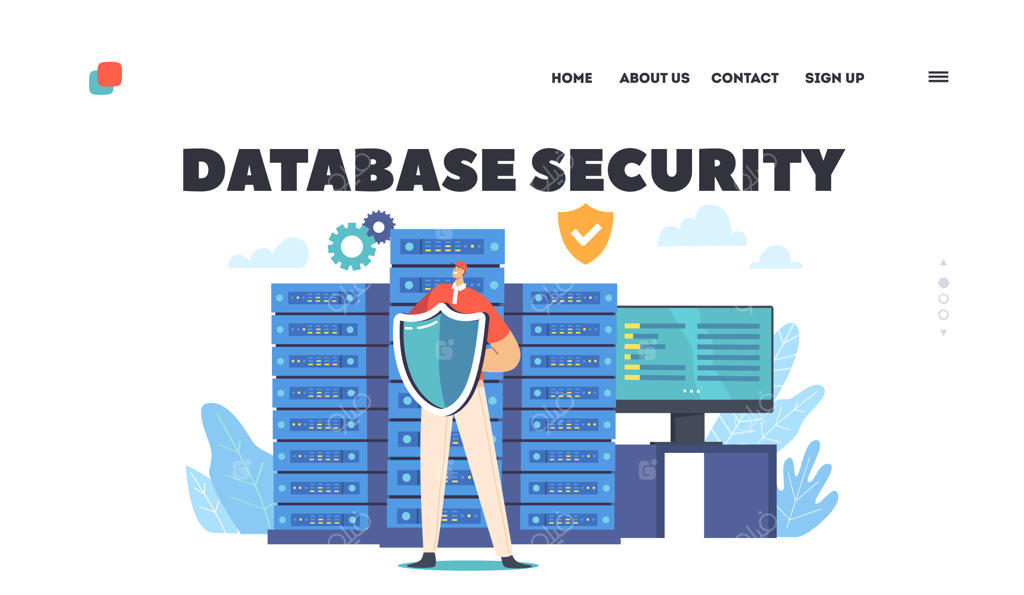 قالب صفحه فرود امنیت پایگاه داده - شخصیت مرد با سپری که سرور یا دیسک‌های سخت را محافظت می‌کند و اپلیکیشن ایمن شده است.