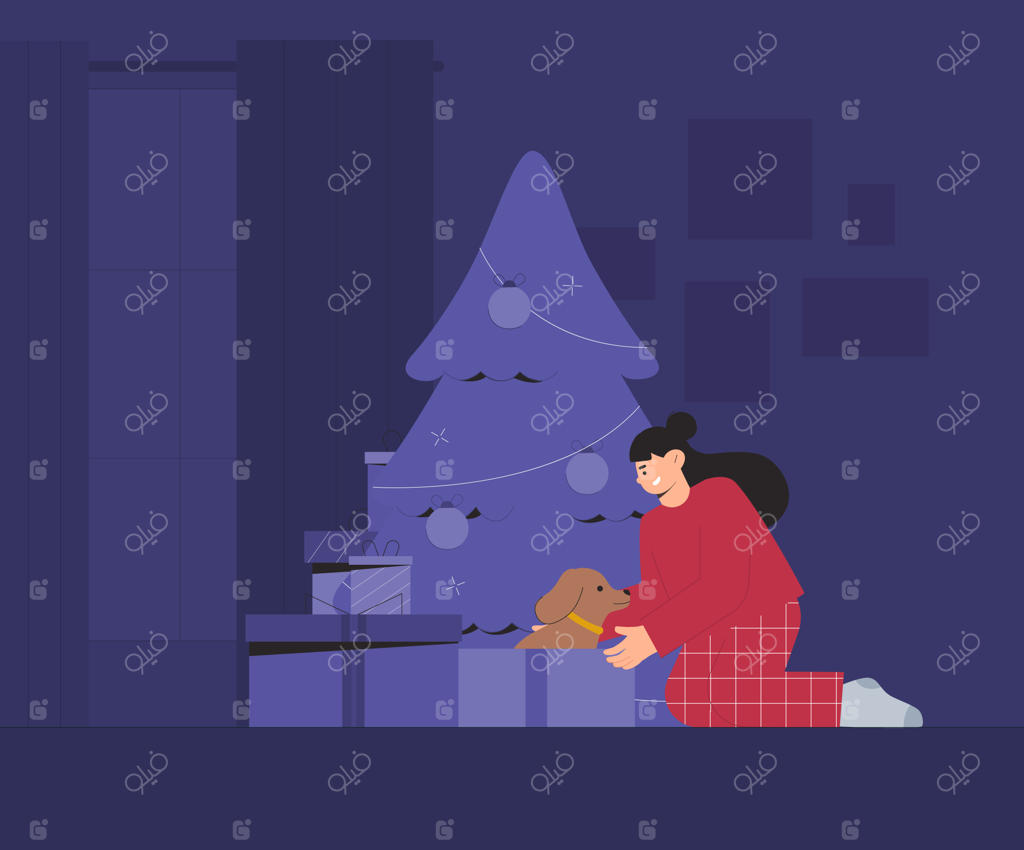 سورپرایز کریسمس: توله‌سگ هدیه‌ای در جعبه - حیوان خانگی جدید برای کودک. کودکی هدیه کریسمس خود را در نزدیکی درخت کریسمس در اتاقی دنج باز می‌کند.