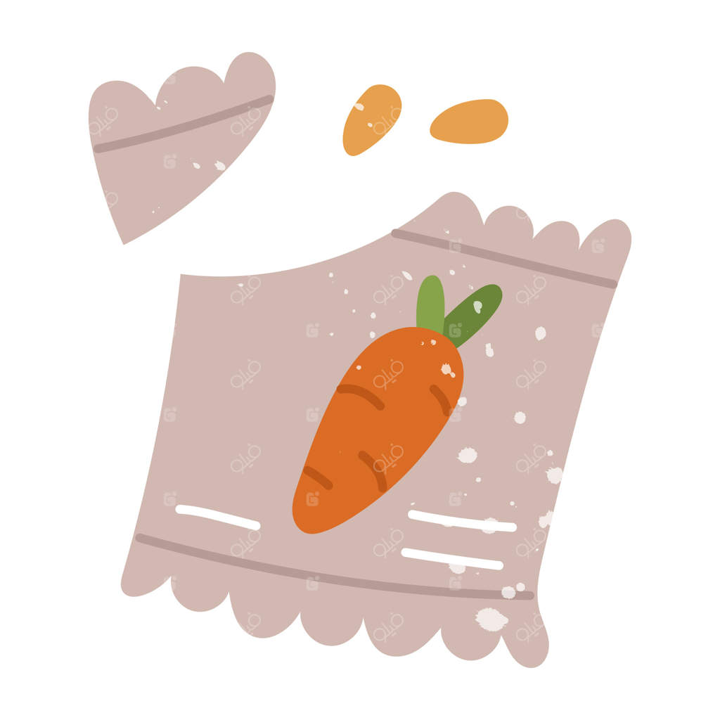 کیسه بذر هویج: طراحی ساده و بافت‌دار. مناسب برای بسته‌بندی، پوسترها، برچسب‌ها، تزئین محصولات باغبانی، وبلاگ‌ها و گل‌فروشی‌ها. بهار، کاشت در خاک. بسته‌بندی باز.