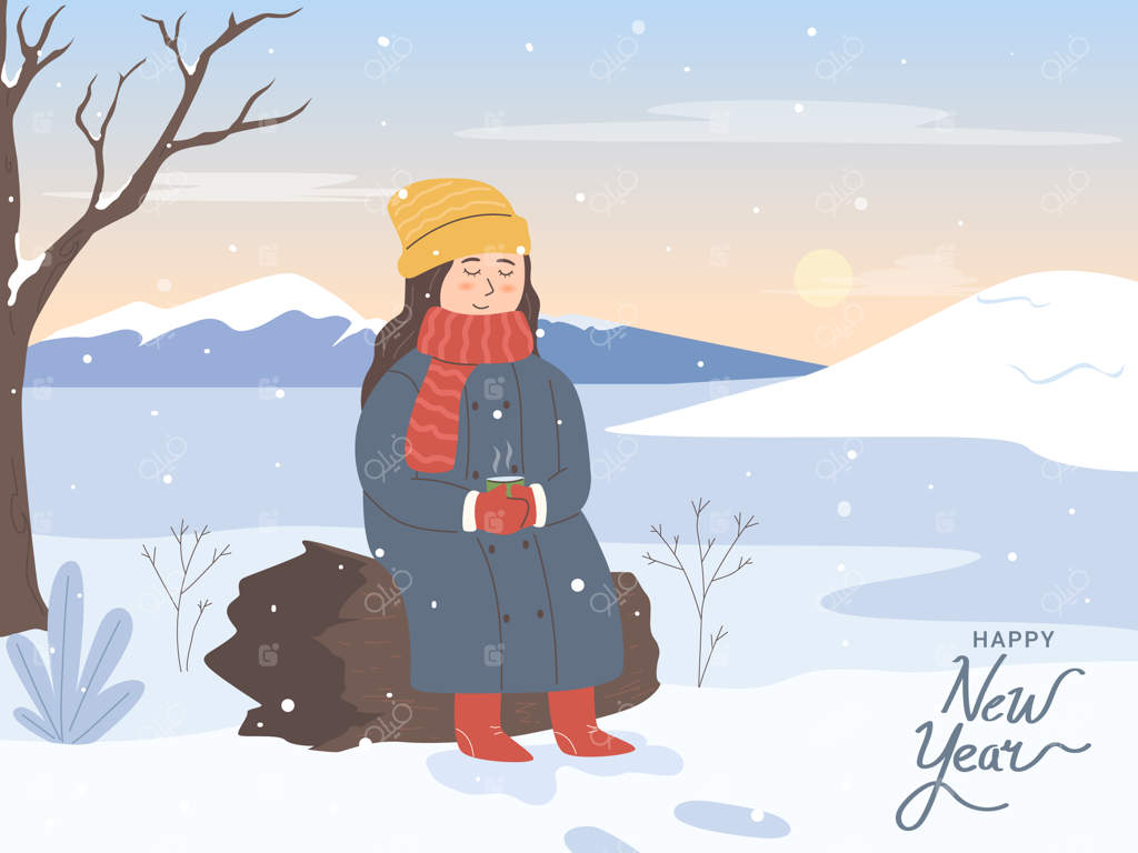 کریسمس مبارک و سال نوی شاد؛ دختر نشسته و چای می نوشد.