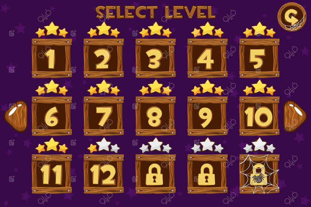 صفحه انتخاب مرحله چوبی کارتونی - مجموعه رابط کاربری بازی