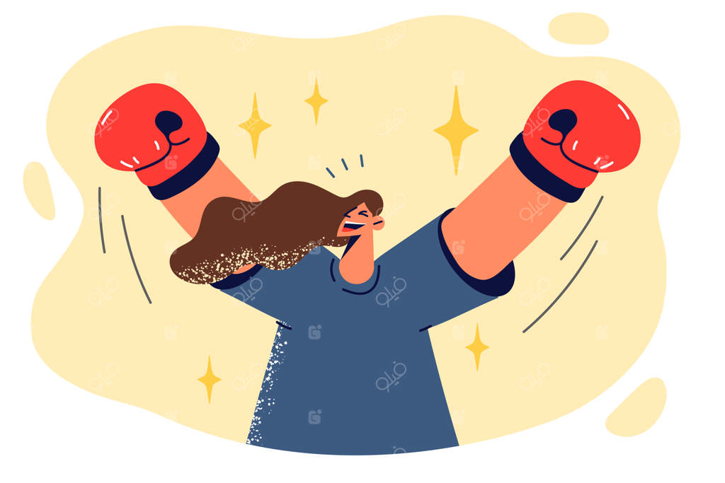 زن آرام با دستکش‌های بوکس دستانش را بالا می‌برد و پس از شکست رقبایش قهرمان جدید می‌شود.