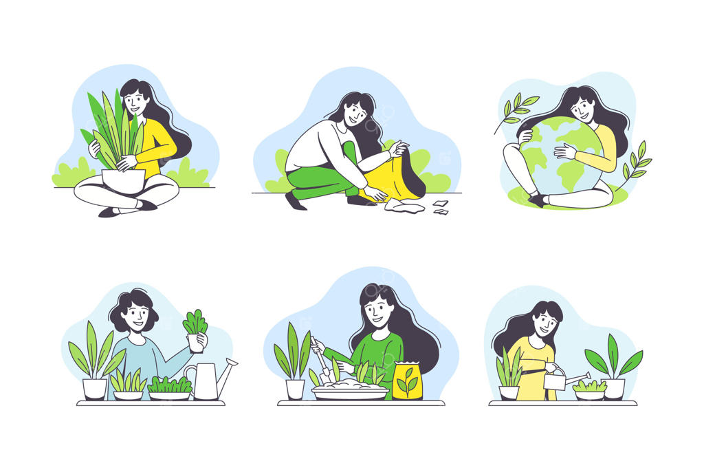 مجموعه حفظ محیط زیست و زن جوان در حال مراقبت از سیاره سبز و طبیعت