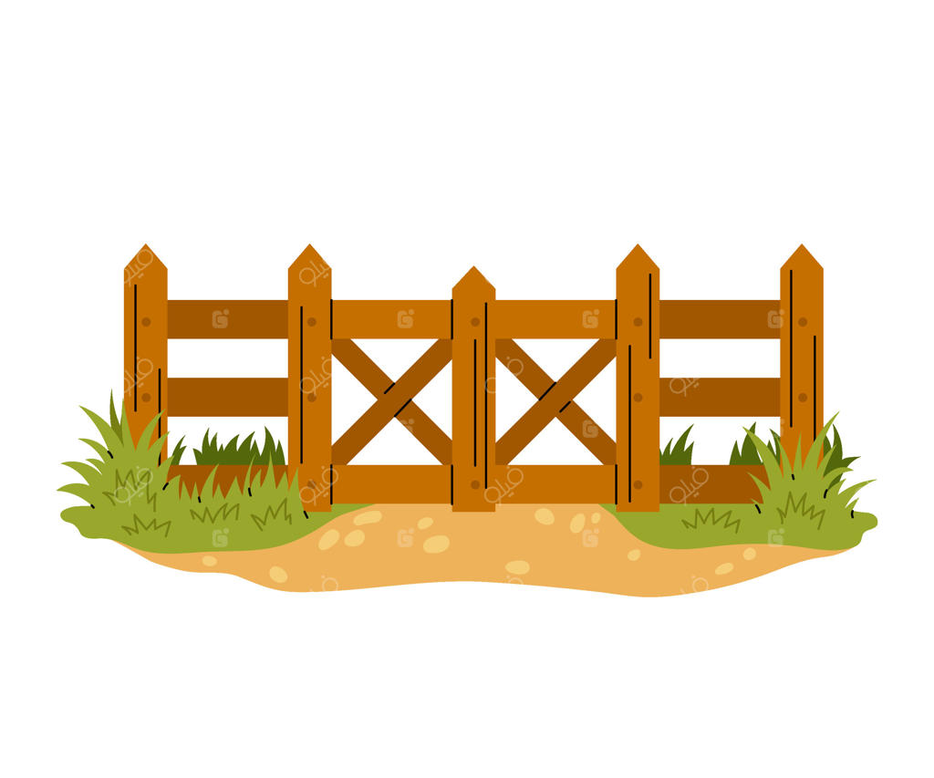حصار چوبی با دروازه: ورودی به مزرعه با چمن. سد باغ و در با تخته‌های چوبی. تصویر مسطح.
