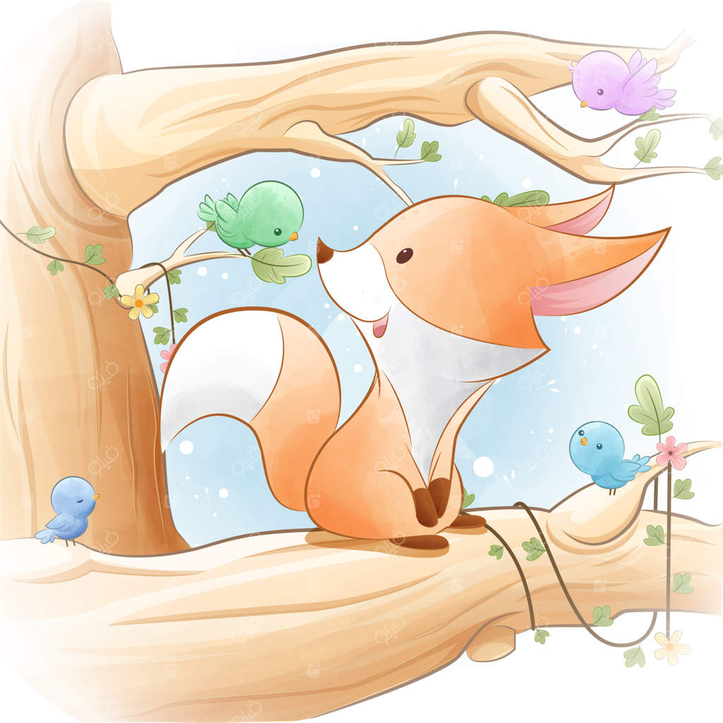 روباه کوچولوی دوست‌داشتنی که از درخت به همراه پرنده‌ها بالا می‌رود