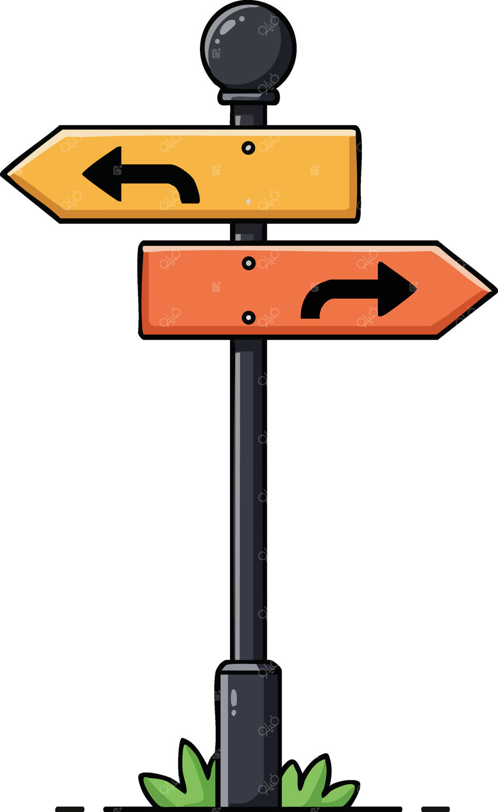 تصویر تابلوی راهنما با پیکان‌های نارنجی و زرد به سمت چپ و راست روی پایه سیاه