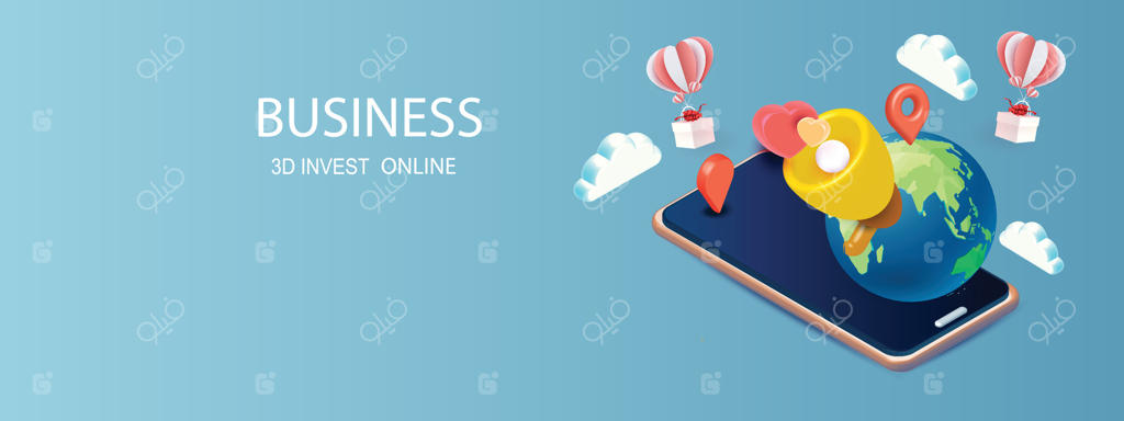 مفهوم خرید آنلاین با سرویس تحویل اینترنتی: نقشه‌ای سه‌بعدی از جهان با پس‌زمینه آبی و ابری، جستجوی موقعیت، نوار جستجو و پین قرمز مجزا.