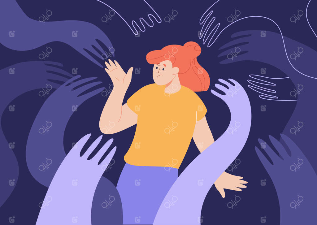 دختر ناامید محاصره شده توسط دست‌های خزنده. فرد تحت تأثیر ترس، درگیر مشکلات روانی. تصویرسازی وکتور صاف. مفهوم سوءاستفاده و قدرت