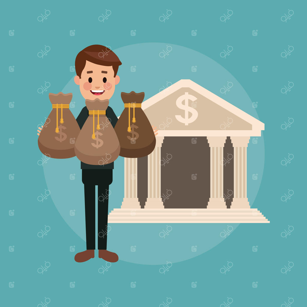 تاجر با کیسه‌های پول در مقابل بانک