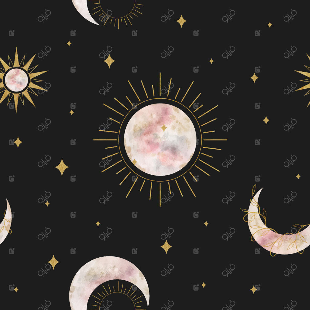 هلال ماه، ستاره‌ها و خورشید: پترن آبرنگی تکرارشونده. مراحل مختلف ماه و نمادهای اسرارآمیز. مناسب برای طراحی، چاپ، پارچه یا پس‌زمینه.