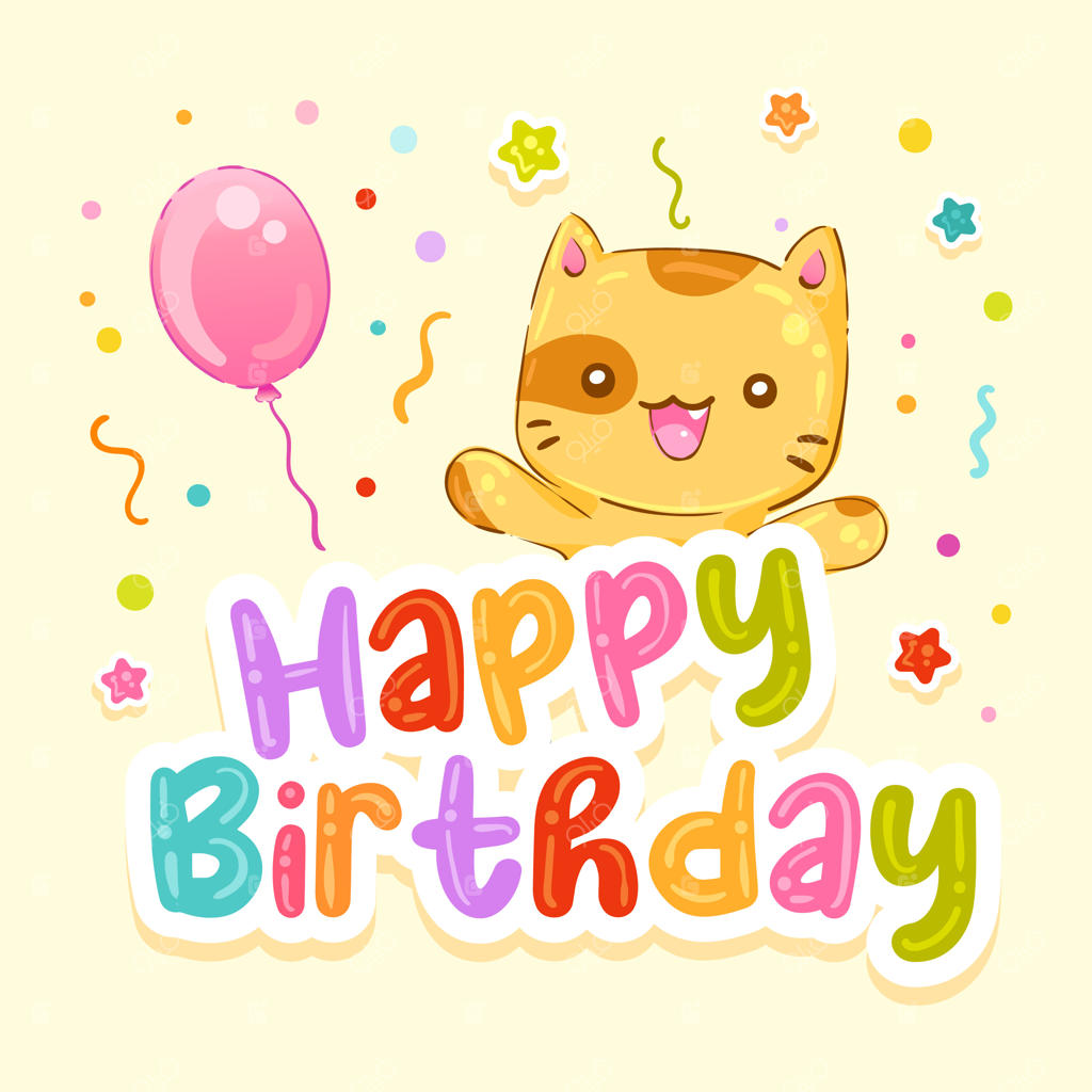 کارت تولد زیبا و رنگارنگ با گربه کاوایی، بادکنک‌ها، کاغذپراکنی، و ستاره‌ها