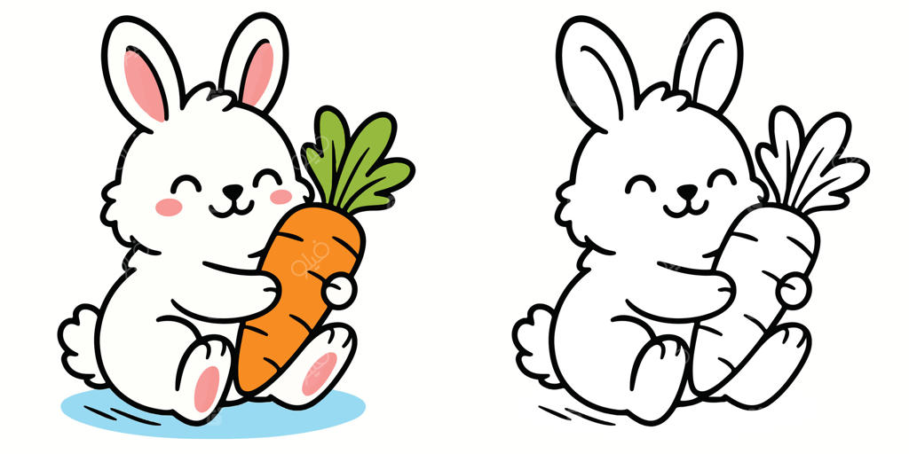 کتاب رنگ‌آمیزی کودکان: طرح خطی کارتونی خرگوش پشمالویی که هویج در دست دارد