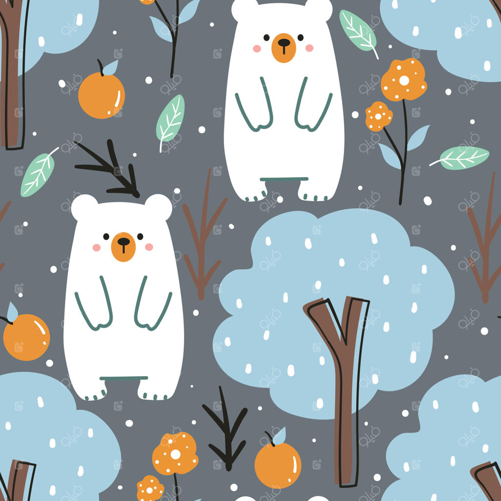 پترن یکپارچه طراحی دستی خرس کارتونی و گیاه. نقاشی حیوانات برای چاپ پارچه، منسوجات و کاغذ کادو