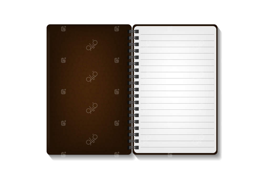 دفترچه یادداشت واقع‌گرایانه بر روی پس‌زمینه سفید. نمونه کاغذ واقعی برای پوشش، برندینگ، هویت سازمانی و تبلیغات.