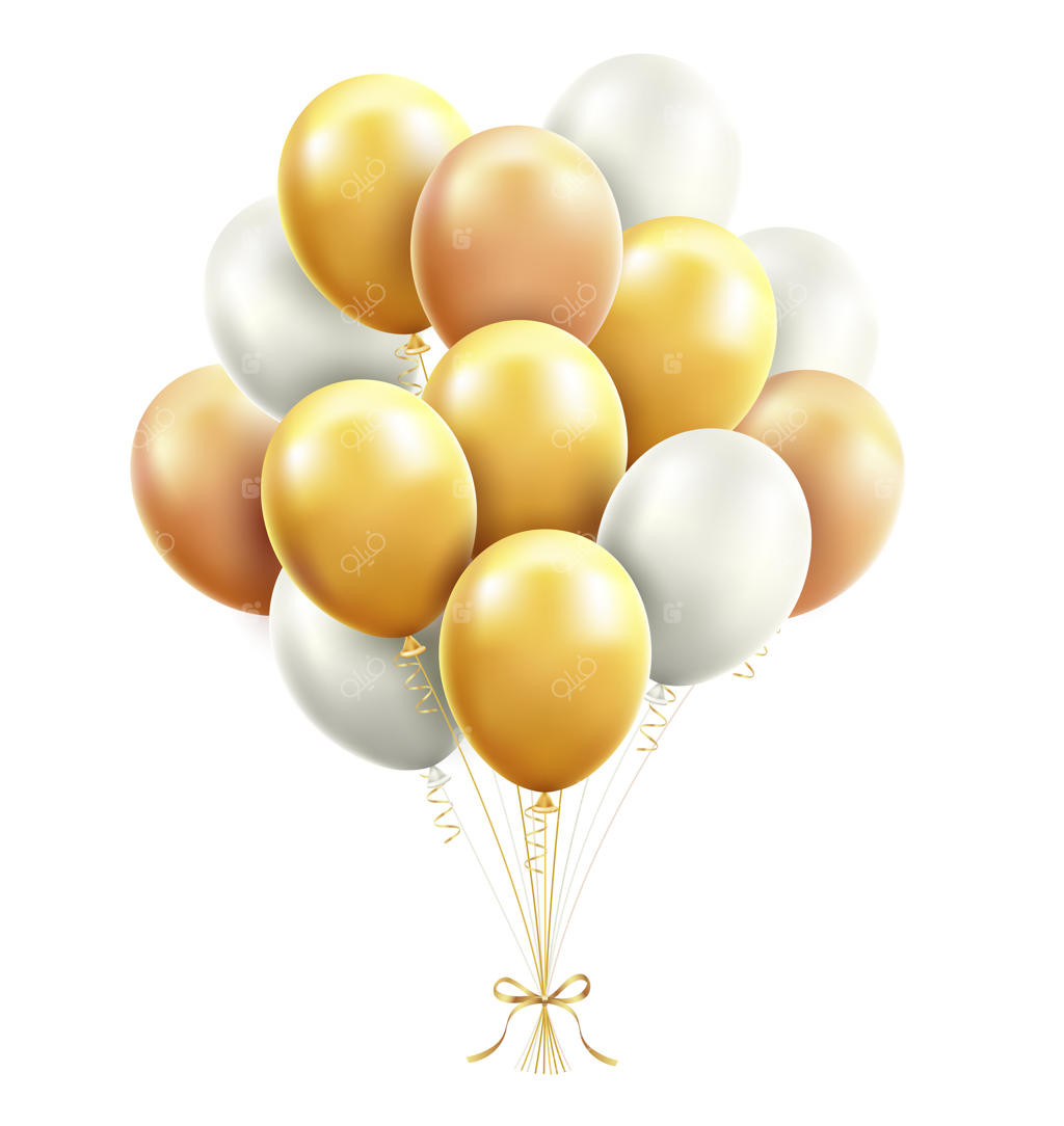بادکنک‌های طلایی و سفید با روبان‌های تزئینی