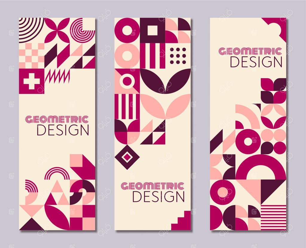 پرچم‌هایی به رنگ مارون، صورتی و بنفش با طرح باوهاوس