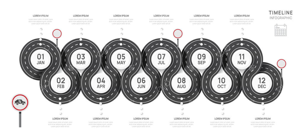 ارائه گرافیکی مسیر زمانی یک ساله، ۱۲ ماهه. قالب نمودارهای عناصر برای کسب‌وکار. نقشه راه مراحل با موضوعات دایره‌ای، اینفوگرافیک مسطح و نمودارهای جریانی.