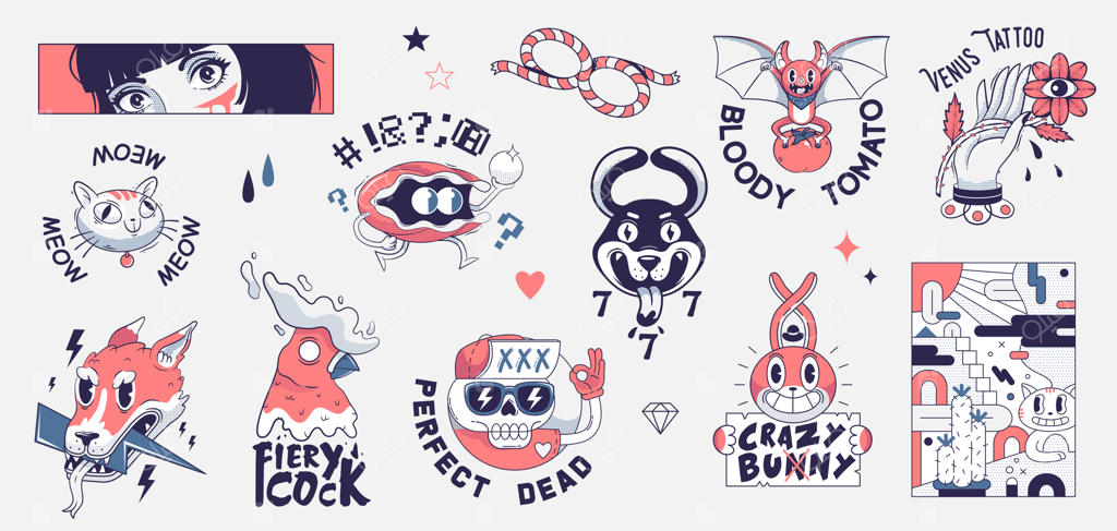 عناصر تتو سبک قدیمی: تتوهای کارتونی با استایل بامزه. تصویرسازی وکتور.