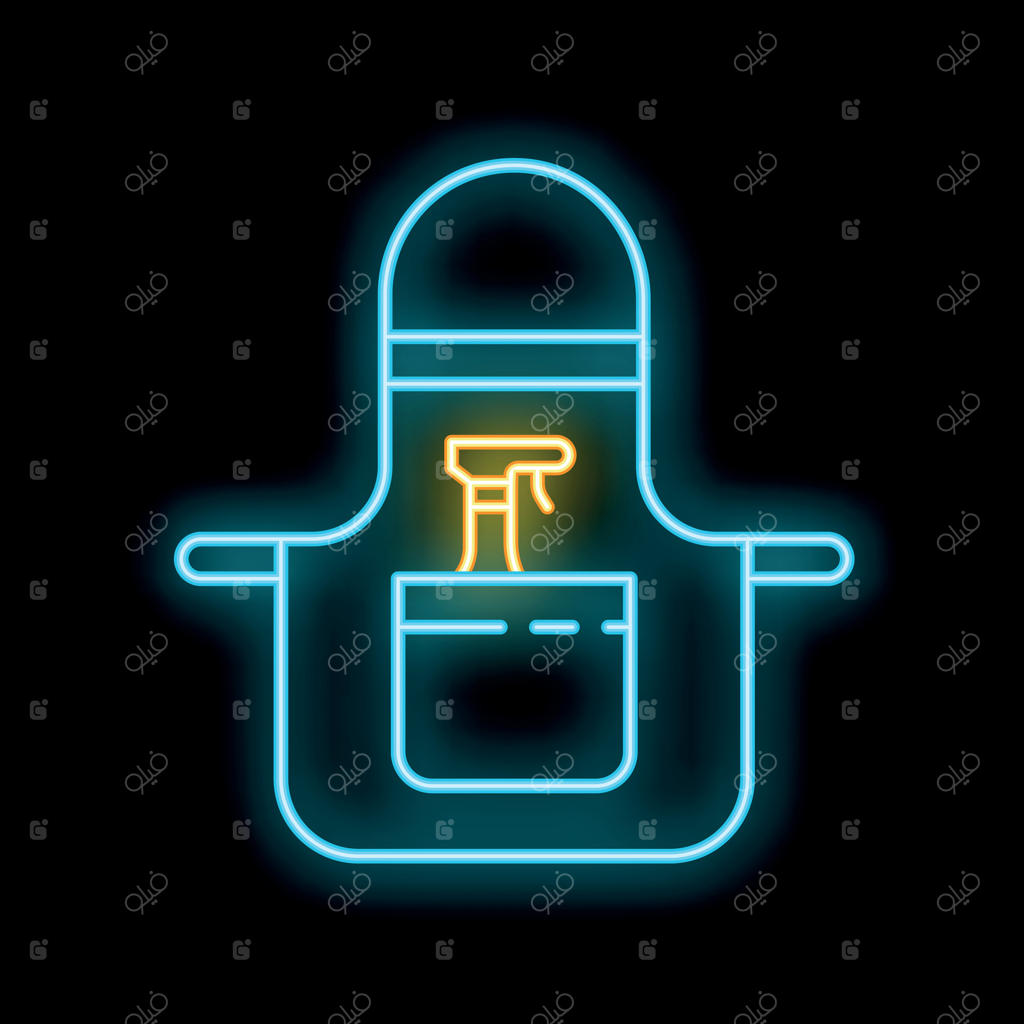 آیکون پیشبند آرایشگری با خطوط نئون درخشان روی پس‌زمینه مشکی، مناسب برای تبلیغ سالن‌ها و آرایشگاه‌ها