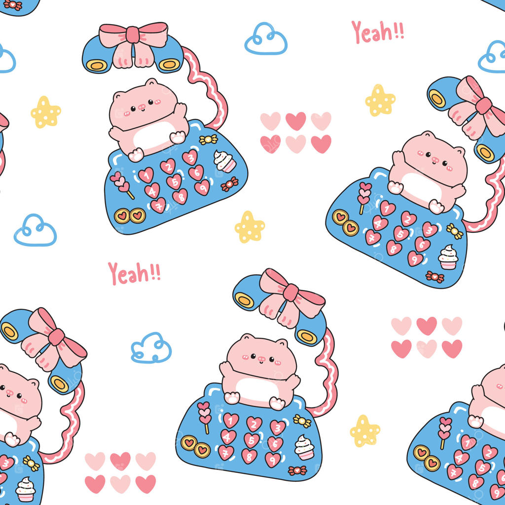 پترن یکپارچه از خوک‌های بامزه روی میز تلفن کلاسیک با پس‌زمینه ابر، قلب و ستاره.گرافیک کودکانه.پاپیون، آبنبات، نان، کاپ‌کیک و کوکی‌ها به‌صورت دستی کشیده شده‌اند.شخصیت کارتونی حیوانات مزرعه.کawaii