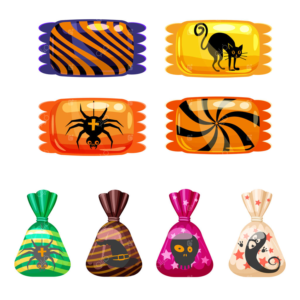 مجموعه‌ای از شیرینی‌های هالووین رنگارنگ با شخصیت‌ها و عناصر هالووین: آب‌نبات‌ها، لالی‌پاپ‌ها و شکلات‌ها