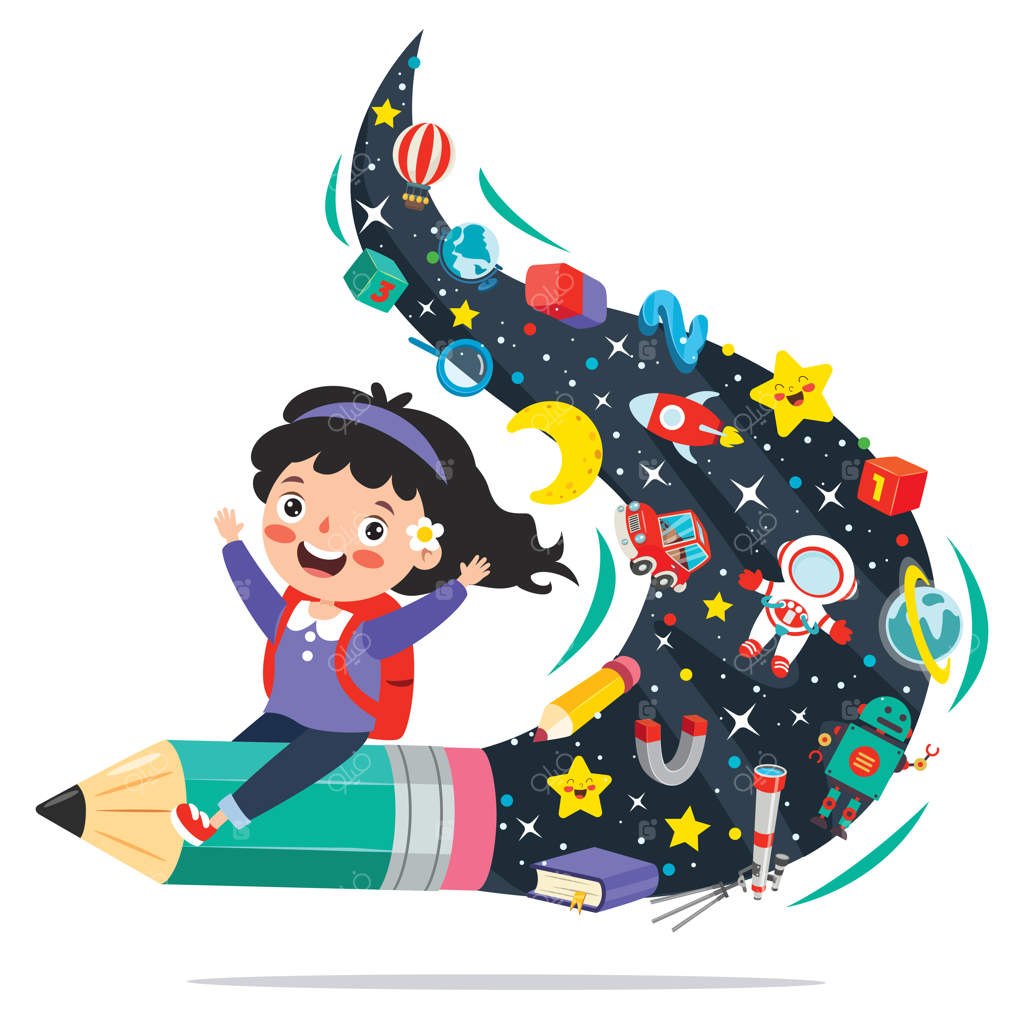 کودک بامزه سوار بر مداد رنگارنگ در حال پرواز