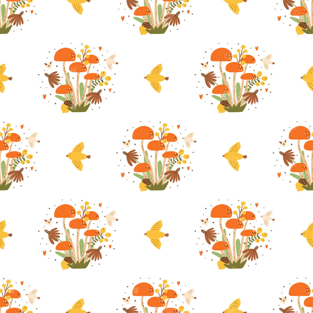 پترن قارچ پاییزی: طرح بی‌پایان قارچ جنگلی با برگ‌ها، گل‌ها، توت، و پرنده - پس‌زمینه پاییز - تکرار گل‌دار و قارچی برای کارت، چاپ، کاغذ دیواری و تصویرسازی وکتور