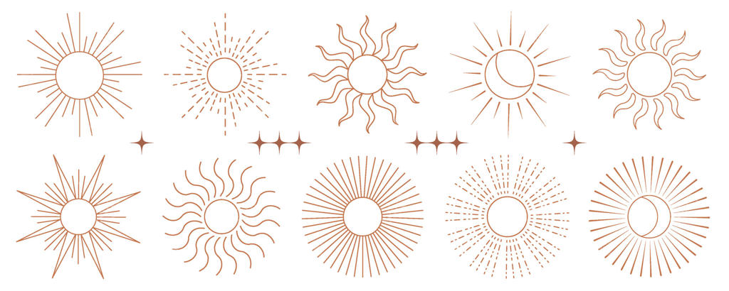لوگوی وکتور خورشید بوهو. طرح خطی ماه بوهمین با پرتوها. تصویرسازی مینیمال و جادویی. مجموعه نمادهای یوگا و ستاره‌شناسی. تصویرسازی قبیله‌ای آسمانی