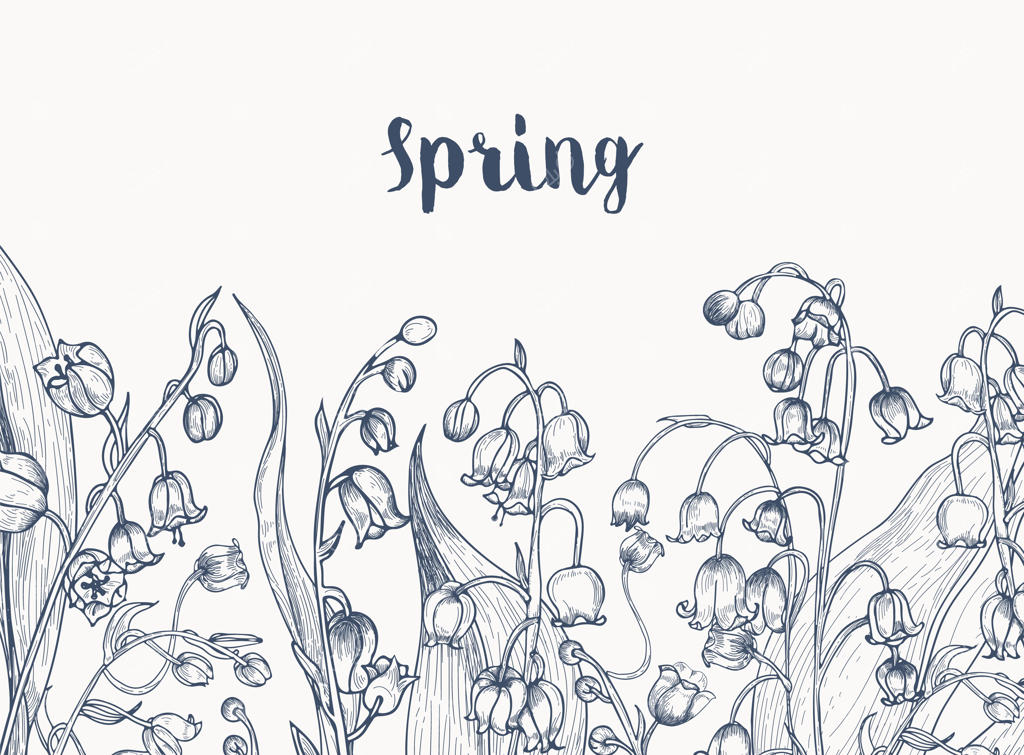 طراحی افقی تک‌رنگ با گیاهان گل‌دهنده موگه با خطوط محیطی روی پس‌زمینه سفید