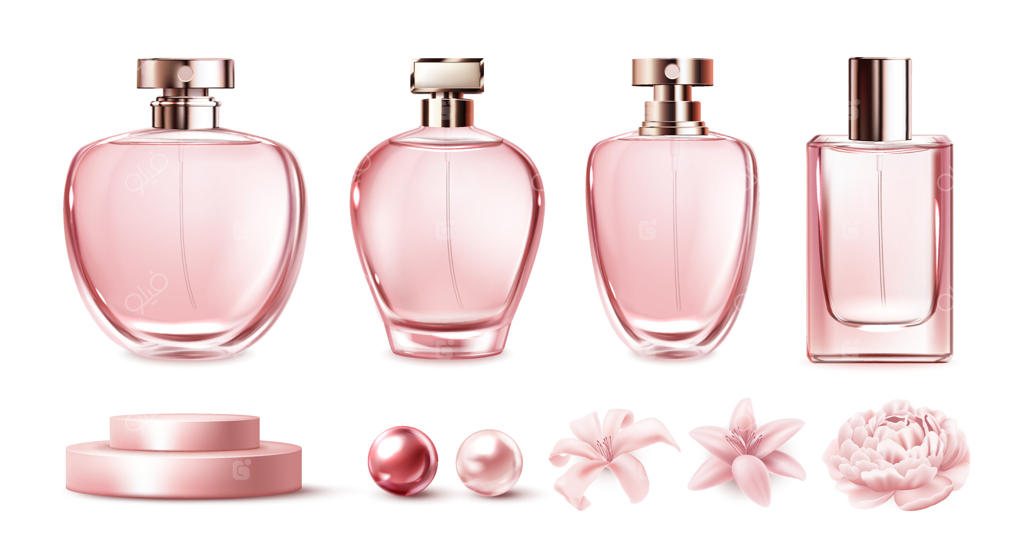 مجموعه‌ای واقع‌گرایانه از بطری‌های عطر لوکس