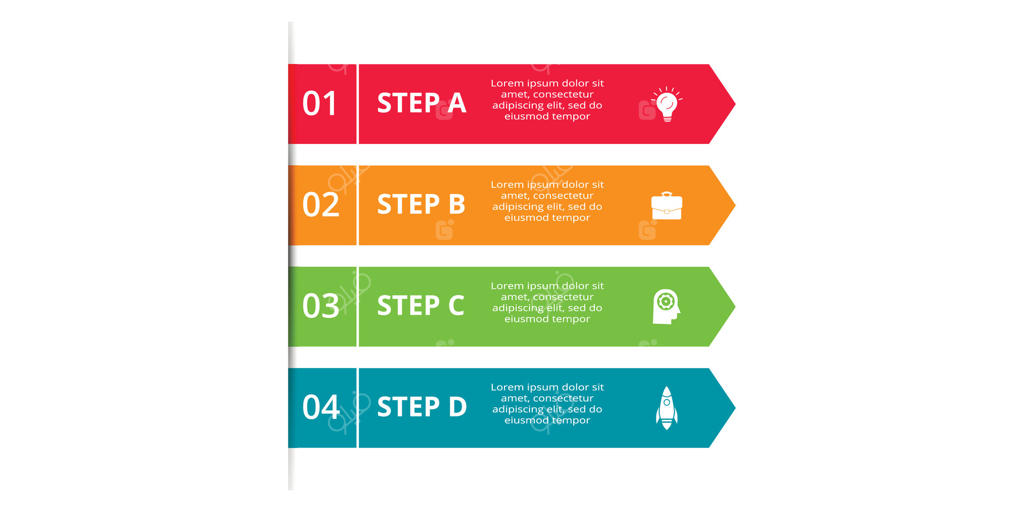 پیکان‌های انتزاعی نمودار، دیاگرام با ۴ مرحله، گزینه‌ها، بخش‌ها یا فرآیندها. قالب وکتور تجاری برای ارائه.