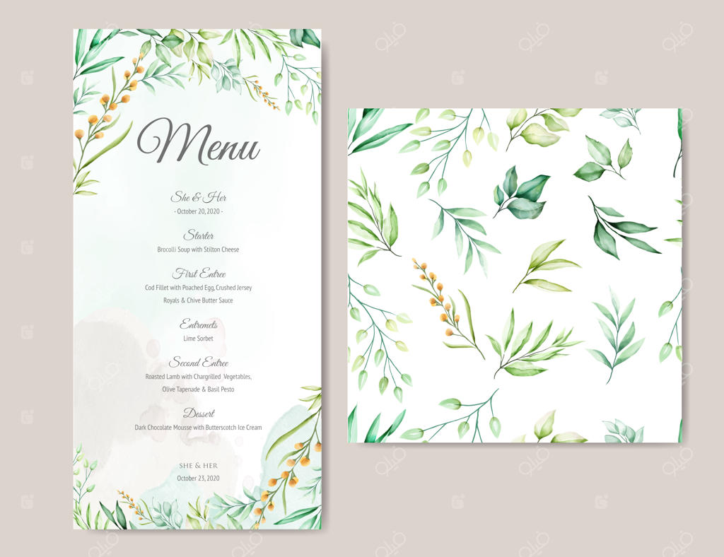 قالب منو با طراحی زیبای برگ‌های آبرنگی