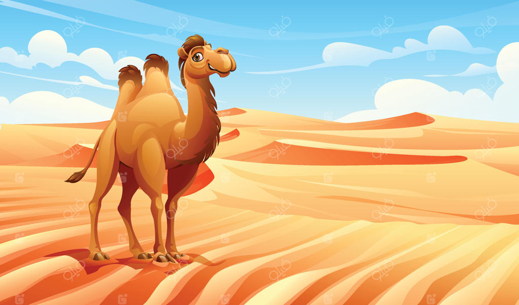 صحنه‌ای آرام از صحرا با شتر و تپه‌های شنی در پس‌زمینه. تصویر کارتونی