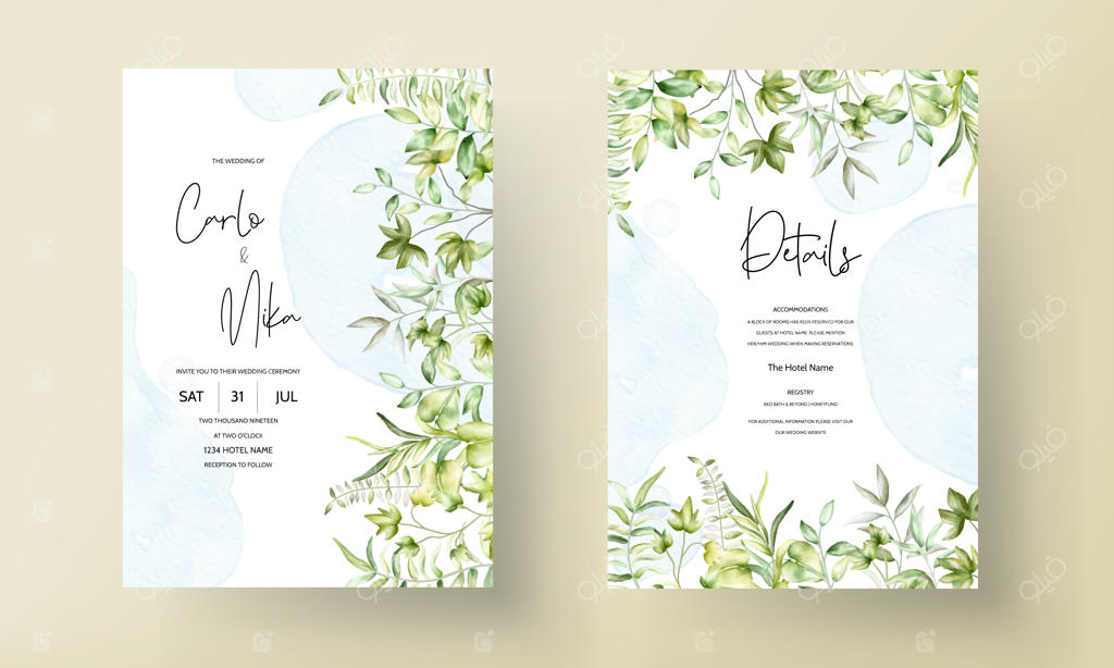 کارت دعوت عروسی با طراحی شیک و آبرنگی از برگ‌های سبز