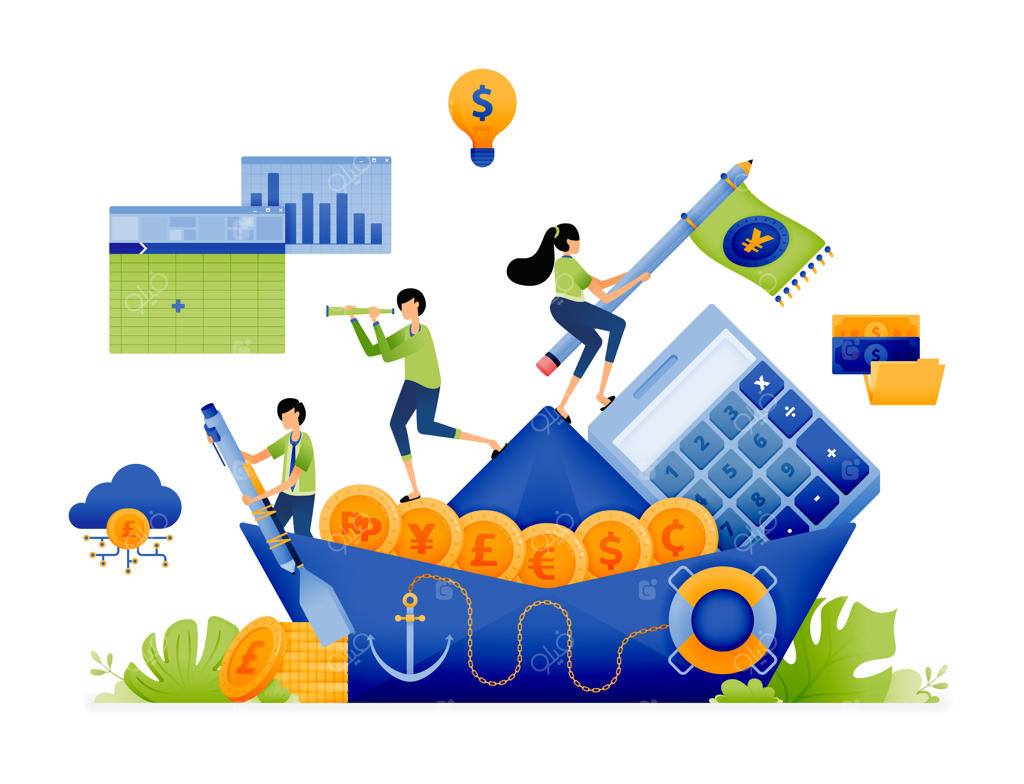 طراحی کشتی کاغذی با بادبان‌های پول: چالش تیم و رهبر در حل مشکلات شرکت - تصویرسازی برای صفحه‌ فرود وب‌سایت، پوستر، بنر، اپلیکیشن موبایل، بروشور و تبلیغات وب