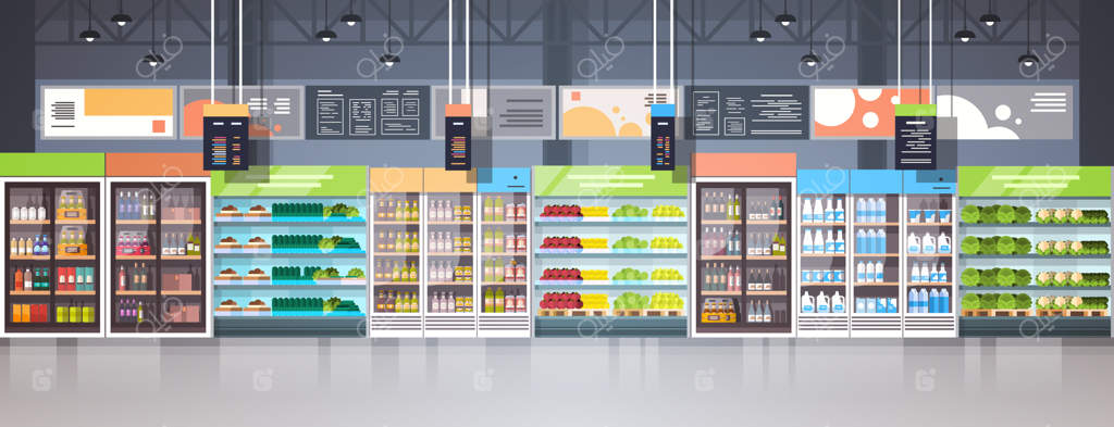 فضای داخلی فروشگاه بزرگ مواد غذایی و مرکز خرید سوپرمارکت