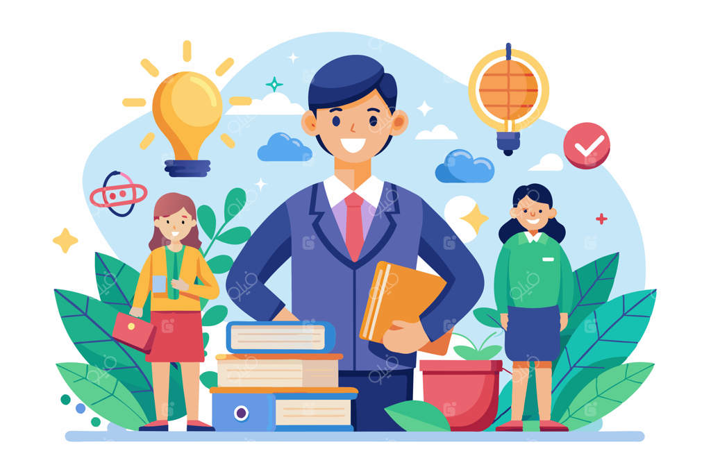 این تصویر سه معلم را نشان می‌دهد که روز معلم را با انرژی مثبت و همدلی جشن می‌گیرند - تصویر قابل تنظیم برای روز معلم