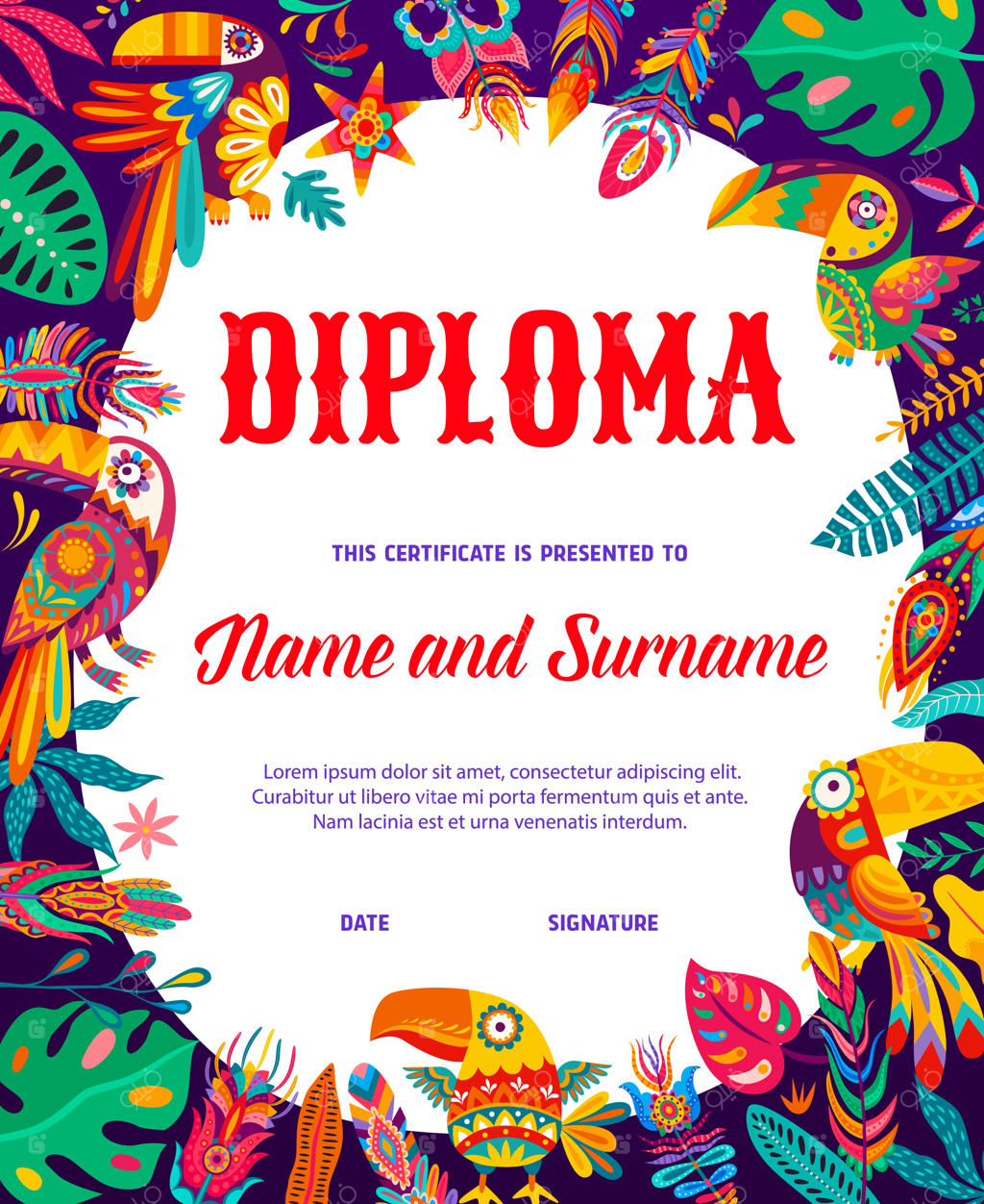 دیپلم کودکان با تصاویری از گل‌ها و توکان‌های کارتونی مکزیکی