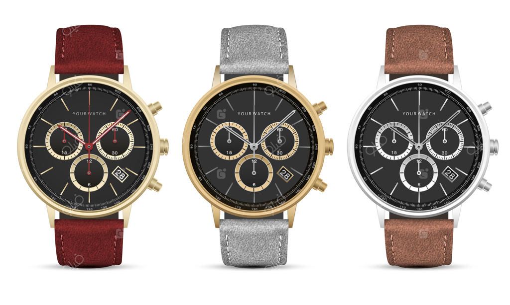 مجموعه‌ ای لوکس از طراحی‌های کلاسیک: ساعت واقع‌گرایانه با قاب طلا، نقره و فولاد تیره و صفحه‌ سیاه با اعداد سفید و عقربه‌های قرمز، قهوه‌ای و خاکستری، بند چرمی