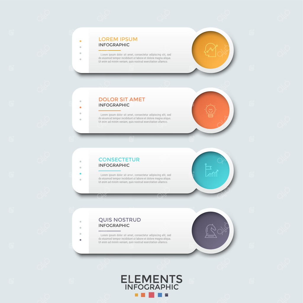 چهار مستطیل سفید کاغذی با فضای متن و عناصر دایره‌ای رنگی با پیکتوگرام‌های خطی نازک. مفهوم منوی وب‌سایت. قالب طراحی مدرن اینفوگرافیک.