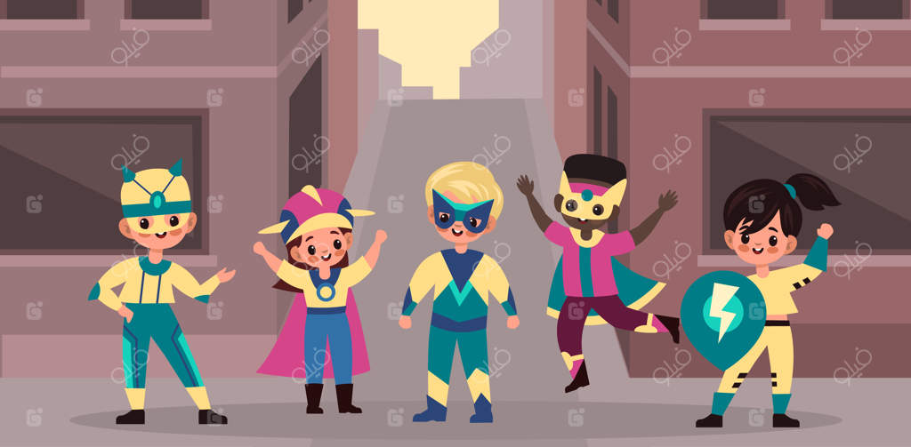 تیم ابرقهرمانان شهری کودکان: گروه بچه‌های شجاع در پس‌زمینه شهر، دختران و پسران دلیر با قدرت‌های خارق‌العاده و پوشش‌های رنگارنگ. پوستر کارتونی وکتور سبک تخت